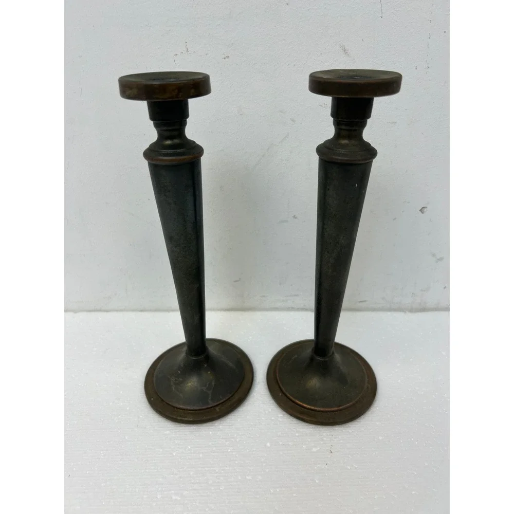 Vintage Arts & Crafts Metal Candlestick Holders Pair Tapered 9